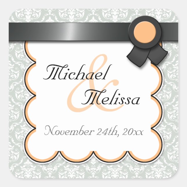 Orange & Grey Damask Wedding Favour Stickers (Front)