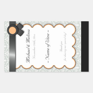 Orange & Grey Damask Wedding Wine Bottle Labels