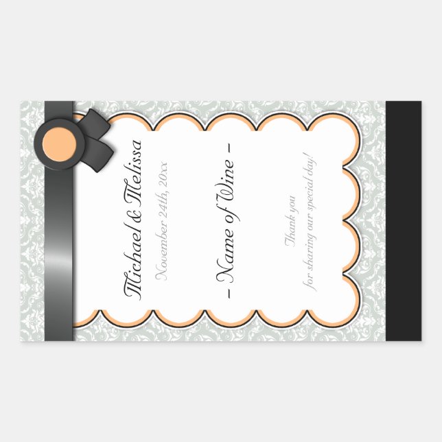 Orange & Grey Damask Wedding Wine Bottle Labels (Front)