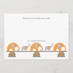 Orange Grey elephants book baby shower thank you Card