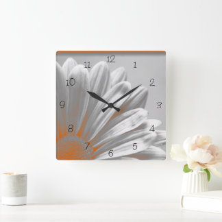 Orange Grey Floral Highlights Square Wall Clock