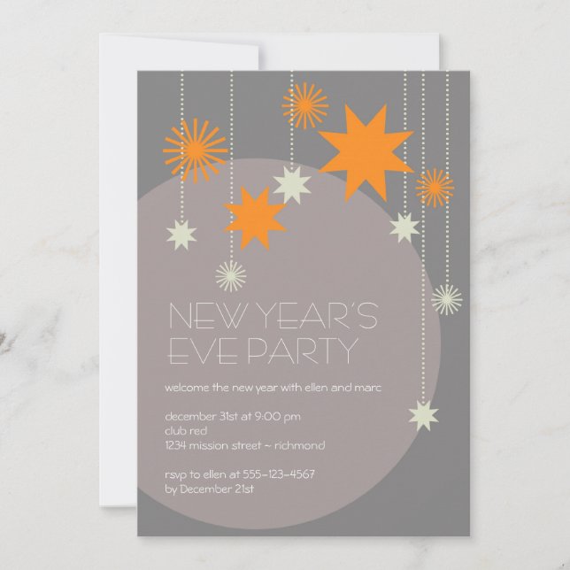 Orange grey modern star fireworks sparkle ball invitation (Front)