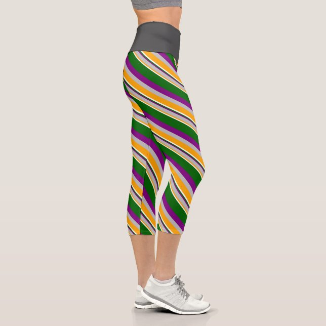 Orange, Grey, Purple, Dark Green & White Lines Capri Leggings (Right)