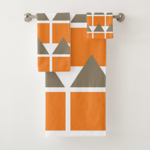 Orange Grey Square Triangle Geometric Bath Towel Set