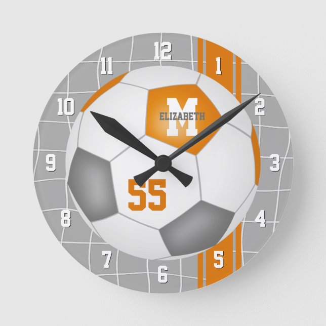 orange grey team colours varsity stripes soccer round clock (Front)