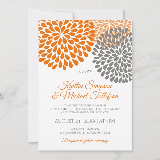 Orange & Grey Wedding Invitations | Floral & Fun (Front)
