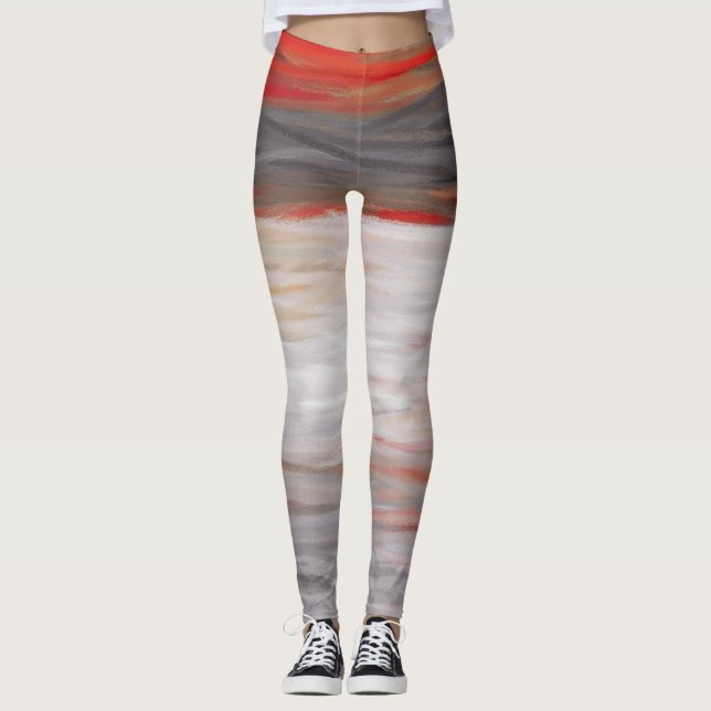 Orange Grey White Abstract Painting Leggings (Front)