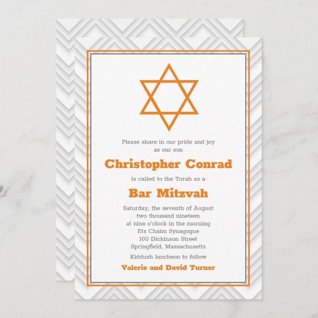 Orange Grey White Traditional Bar Mitzvah Invitation (Front/Back)