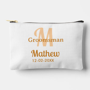 Orange groomsman name letter date masculine pastel accessory pouch