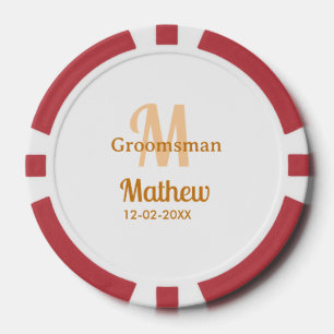 Orange groomsman name letter date masculine pastel poker chips