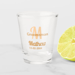 Orange groomsman name letter date masculine pastel shot glass