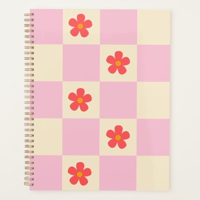 Orange Groovy Daisy Flowers & Pretty Pink Chequere Planner (Front)