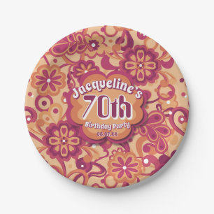 Orange Groovy Psychedelic 60s 70s Floral Birthday Paper Plate