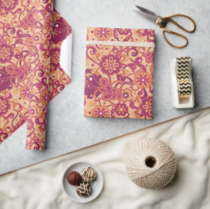 Orange Groovy Psychedelic 60s 70s Floral Birthday Wrapping Paper