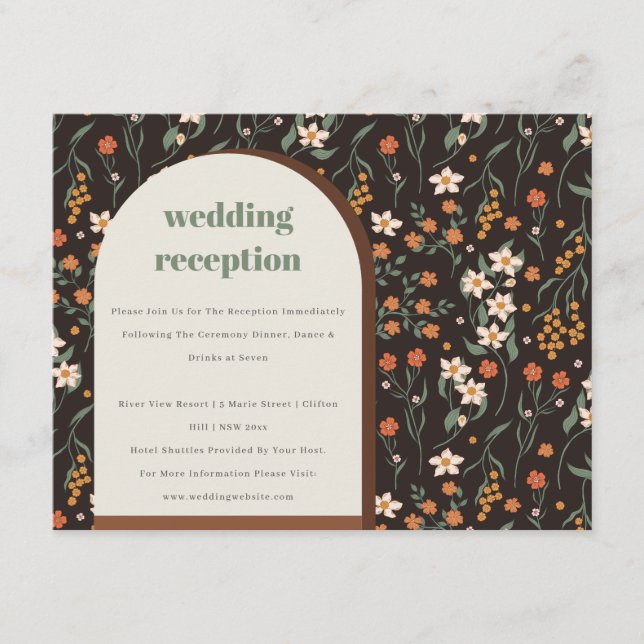 Orange Groovy Retro Arch Floral Wedding Reception Enclosure Card (Front)
