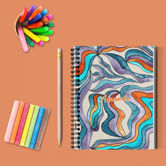 Orange Groovy Retro Back to School Name Sketchbook Notebook (Front)