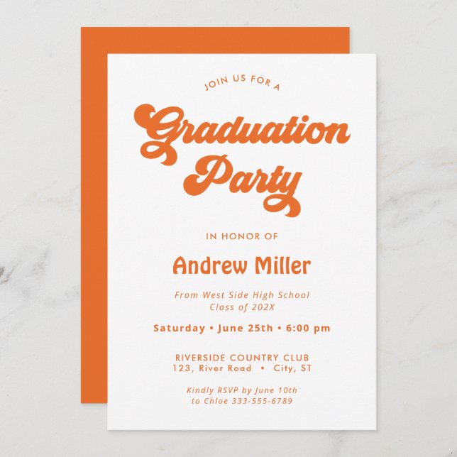 Orange Groovy Retro Graduation Party Invitation (Front/Back)