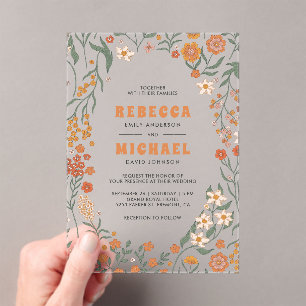 Orange Groovy Wildflower Wedding Acrylic Invitations
