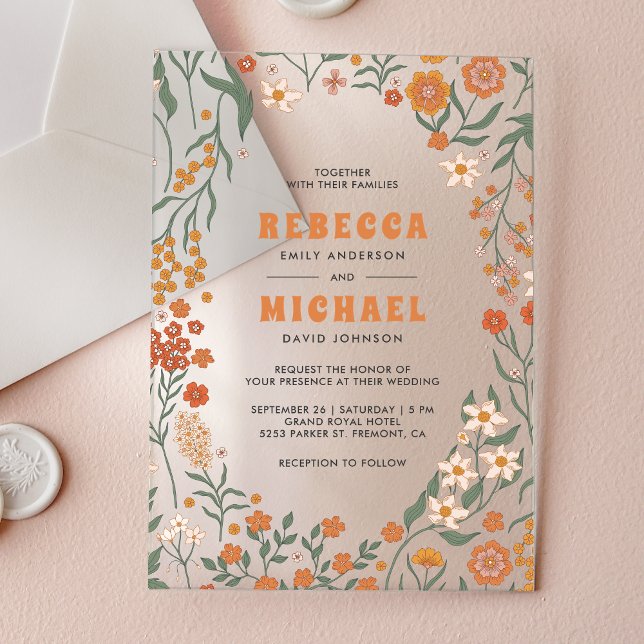 Orange Groovy Wildflower Wedding Acrylic Invitations (Creator Uploaded)