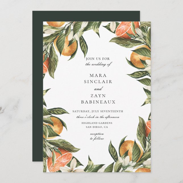 Orange Grove Botanical Citrus Frame Wedding Invitation (Front/Back)