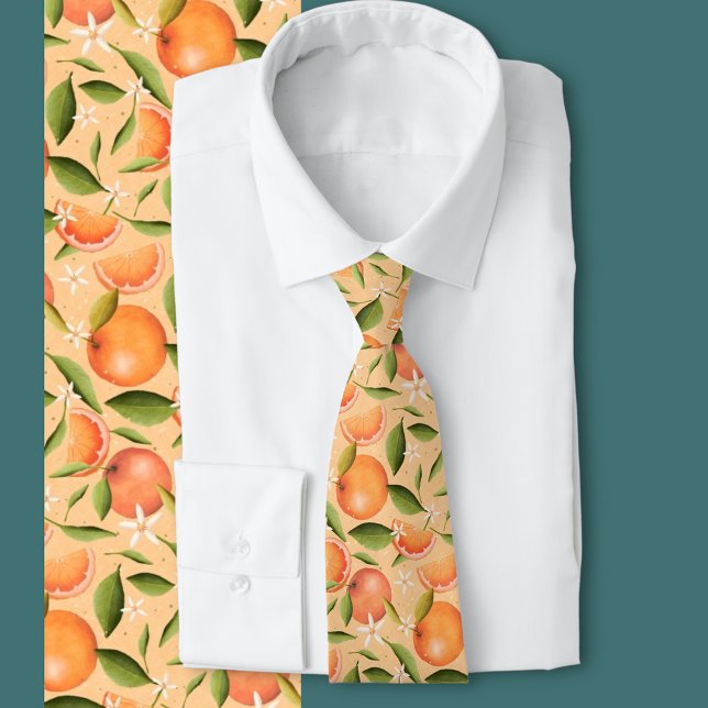 Orange Grove  Tie (Orange fruit, leaves and blossoms on a warm peachy colored background )