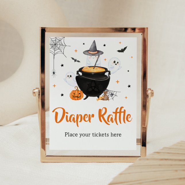 Orange Halloween Baby is Brewing Diaper Raffle Poster (Baby is Brewing Baby Shower Diaper Raffle Sign)