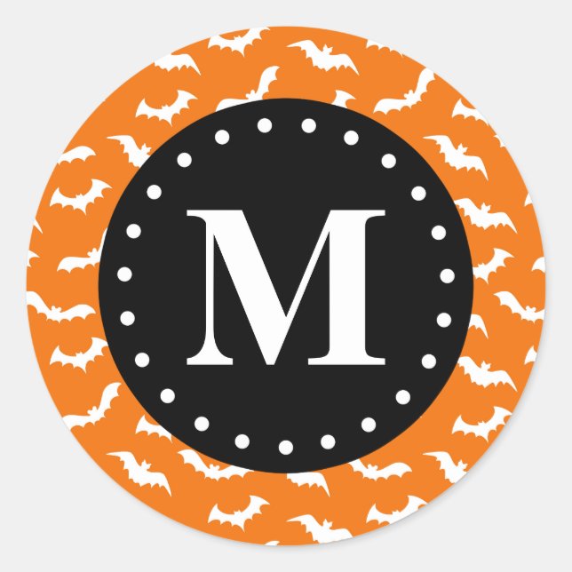 Orange Halloween Bat Pattern Black Monogram Classic Round Sticker (Front)