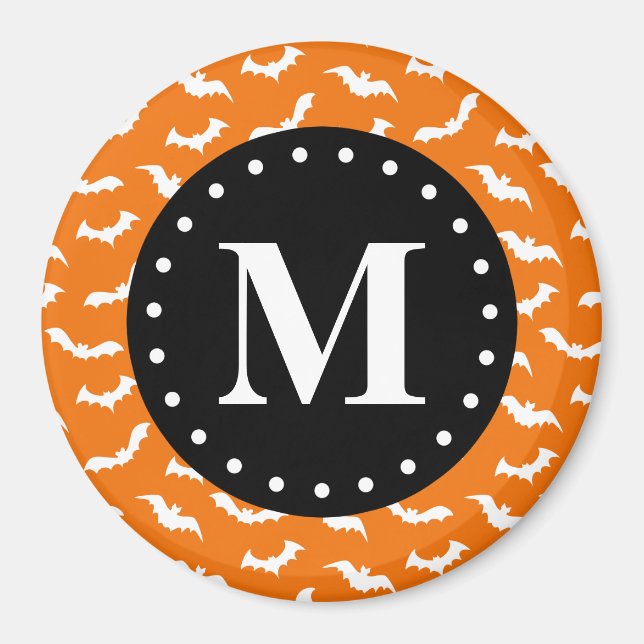 Orange Halloween Bat Pattern Black Monogram Magnet (Front)
