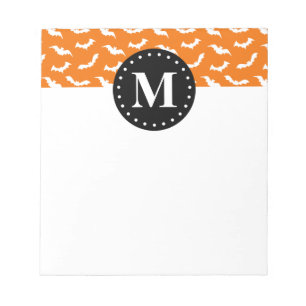 Orange Halloween Bat Pattern Black Monogram Notepad