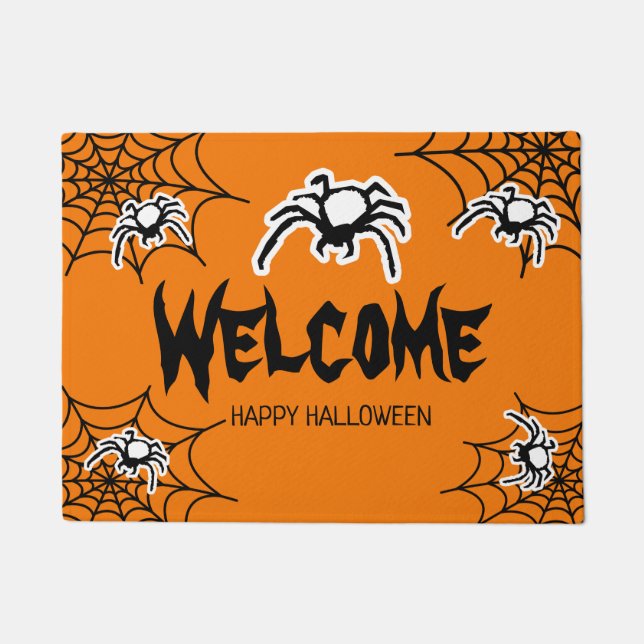 Orange Halloween door mat with creepy spider webs (Front)