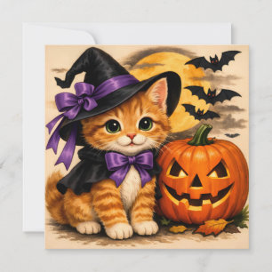 Orange Halloween Kitten with Pumpkin Card