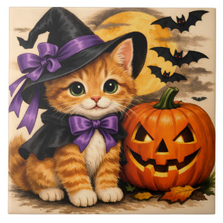 Orange Halloween Kitten with Pumpkin Tile