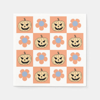 Orange Halloween Pumpkin and Daisy Chequerboard Napkin