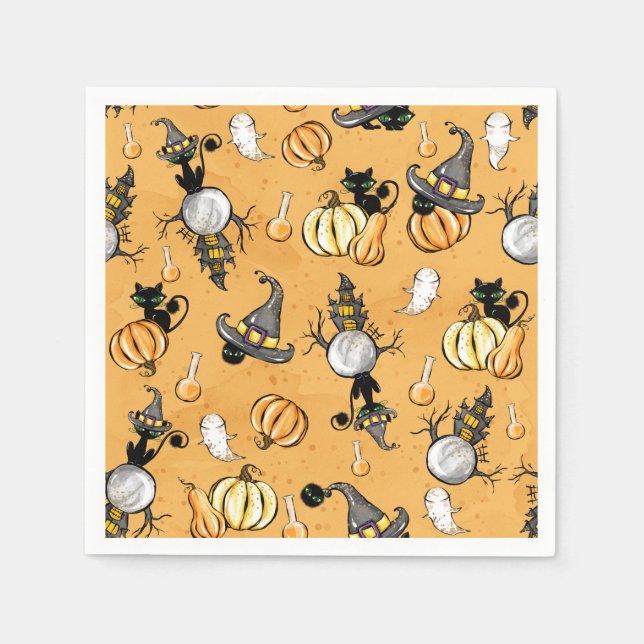 ORANGE HALLOWEEN PUMPKINS AND BLACK CATS NAPKIN (Front)