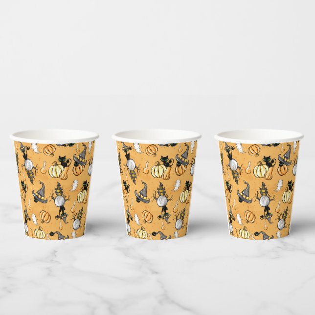 ORANGE HALLOWEEN PUMPKINS AND CUTE BLACK CATS PAPER CUPS (Multi)