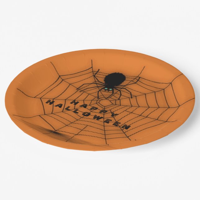 Orange Halloween Spider Web Paper Plates (Angled)