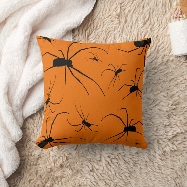 Orange Halloween Spiders Pattern, Black Spider Cushion (Blanket)