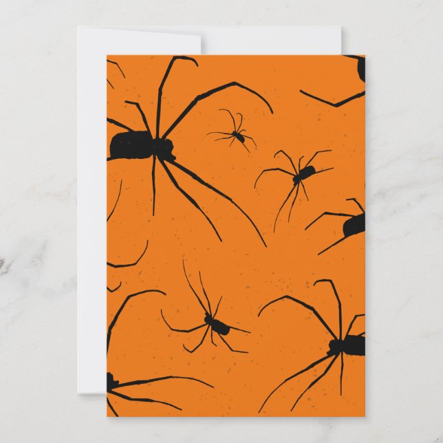 Orange Halloween Spiders Pattern, Black Spider Holiday Card (Front)