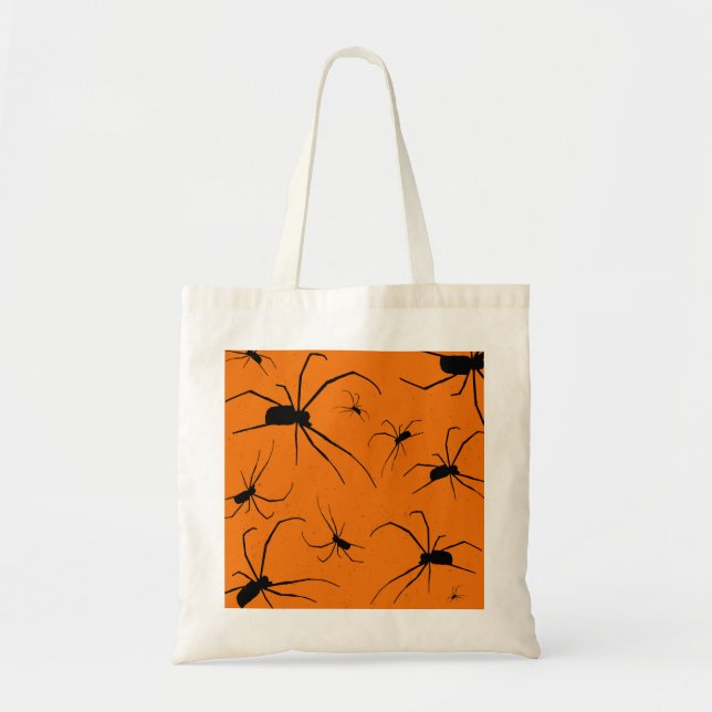 Orange Halloween Spiders Pattern, Black Spider Tote Bag (Front)