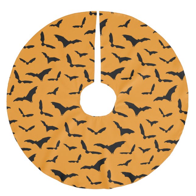 Orange Halloween Spooky Bats Patterned Christmas Brushed Polyester Tree Skirt (Front)