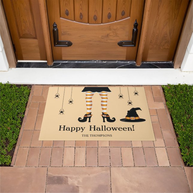 Orange Halloween Witch Legs And Spiders With Name Doormat (Outdoor)