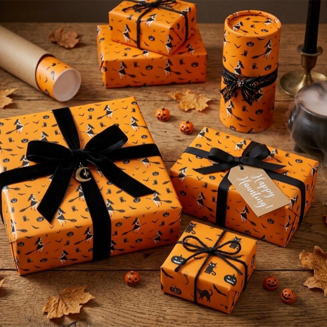 Orange Halloween Wrapping Paper with Witches (Creator Uploaded)