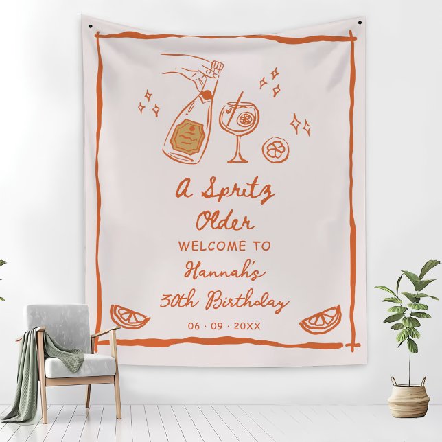 Orange Hand Drawn A Spritz Older Birthday Party Tapestry (Creator Uploaded)