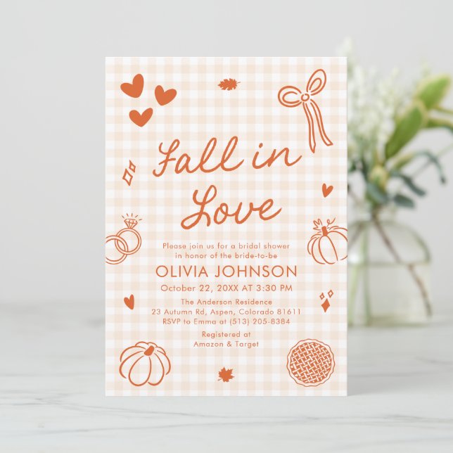 Orange Hand Drawn Fall in Love Bridal Shower Invitation (Standing Front)
