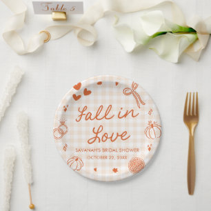 Orange Hand Drawn Fall in Love Bridal Shower Paper Plate