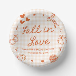 Orange Hand Drawn Fall in Love Bridal Shower Paper Plate