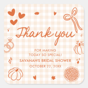 Orange Hand Drawn Fall in Love Bridal Shower Square Sticker