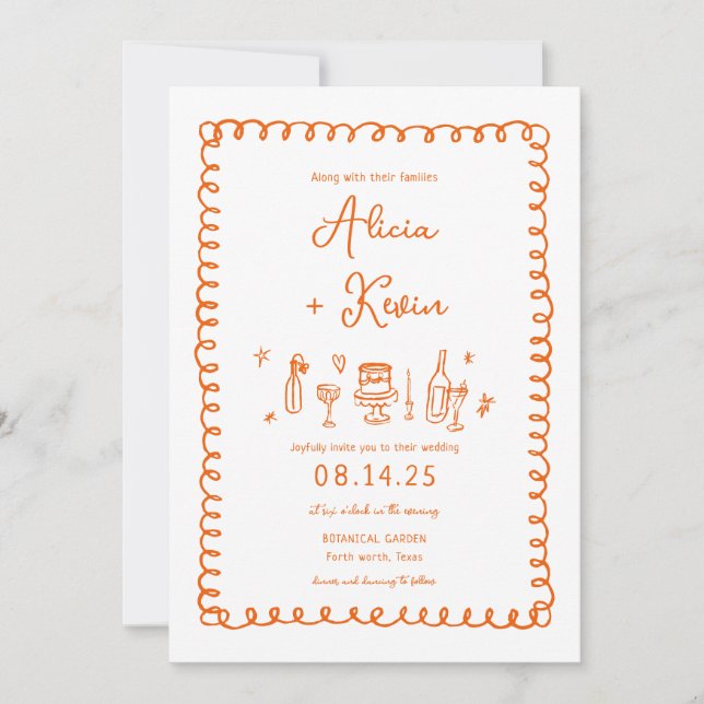 Orange Hand Drawn French Fun Wedding Invitations (Front)