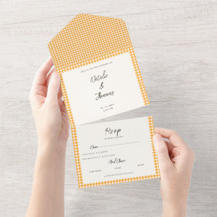 orange handwritten chic script all in one wedding invitation