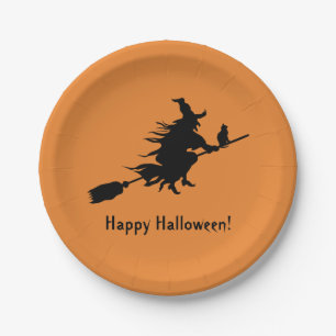 Orange Happy Halloween 2018 Black Witch Silhouette Paper Plate